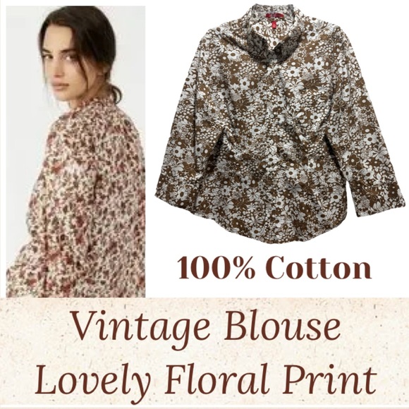 Vintage Floral Blouse 80s 90s Vintage Pattern Cotton Button Shirt Brown White XL - Picture 1 of 16